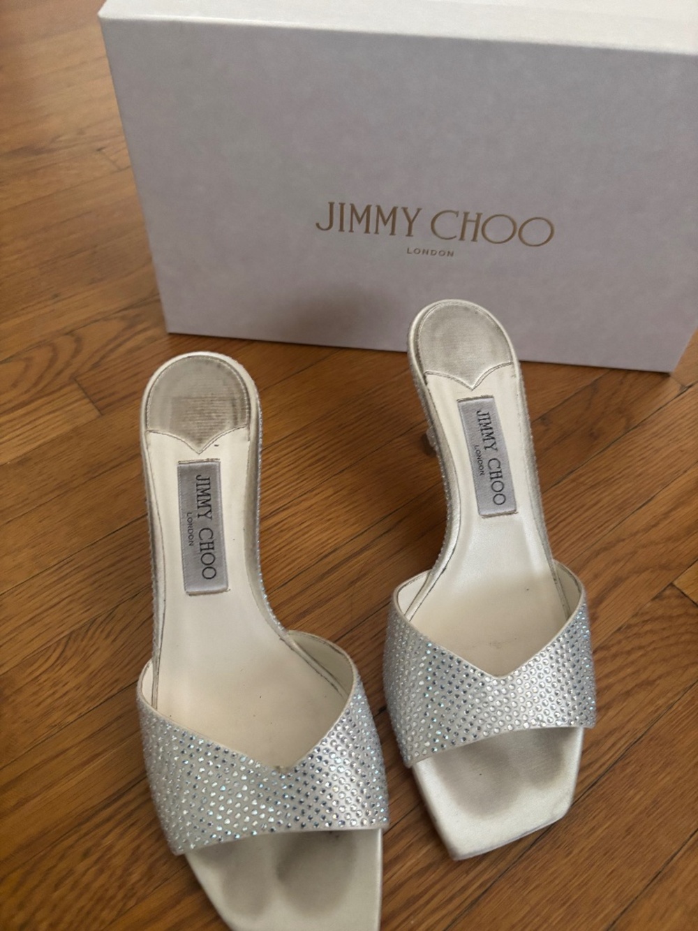 Jimmy Choo Crystal Embellished Satin Mules Size 38.5 | Bridal & Evening Heels |
